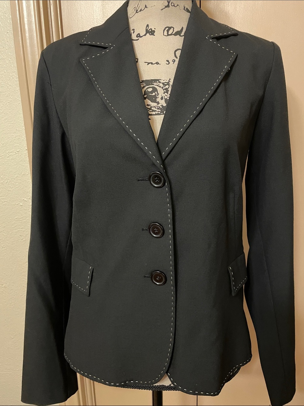 Karen Kane Black Blazer with White Topstitch Detail